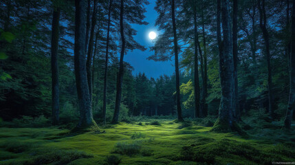 Fototapeta premium peaceful moonlit glade surrounded by towering trees, creating serene atmosphere. soft glow of moon illuminates lush greenery