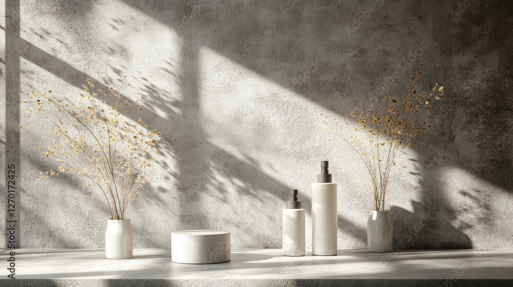Poster Soft sunlight filters through a window, casting gentle shadows across a sleek display of minimalist products
