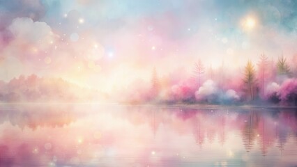Fototapeta premium Enchanted Lake at Dawn A Dreamlike Pastel Landscape of Serene Waters and Misty Trees Reflecting a Soft, Magical Sky