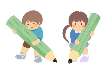 鉛筆を持つ男の子と女の子