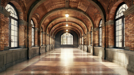 Obraz premium spacious corridor featuring arched brick walls and large windows, illuminated by warm light, creates welcoming atmosphere