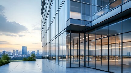 Modern Glass Skyscraper at Sunset, Cityscape View