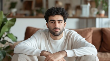 Obraz premium Sitting calmly in a relaxed living room filled with plants, a young man reflects on the complexities of life amid ongoing financial challenges in today's world