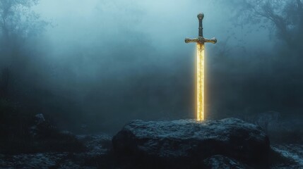 Naklejka premium Glowing Sword in a Misty Forest Setting