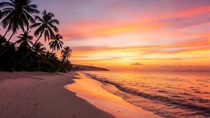  A serene beach at sunset with a sky painted in hues of orange and pink.