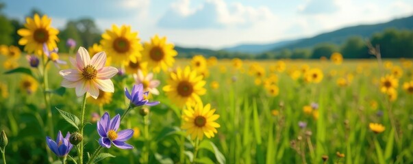 Obraz premium Wild columbine flowers in a field with tall grass and sunflowers, landscape, aquilegia canadensis, grass