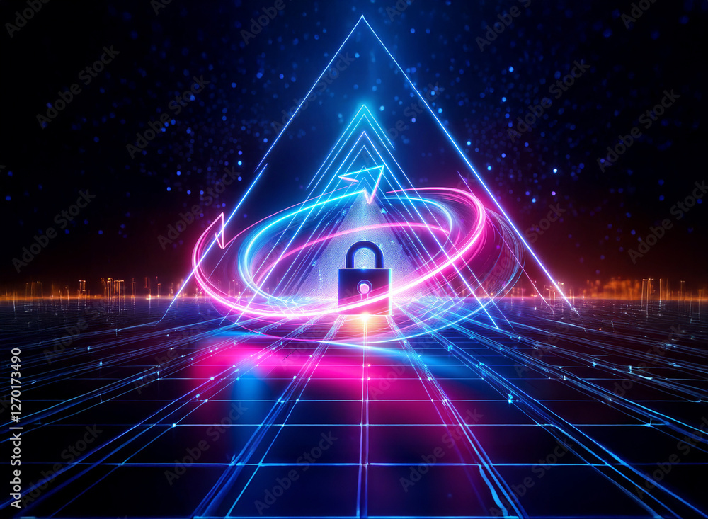 Poster futuristic digital padlock secured by neon triangle and lines against a space background. cyber secu