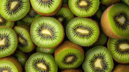 A full-frame close-up of a dense pile of fresh kiwis