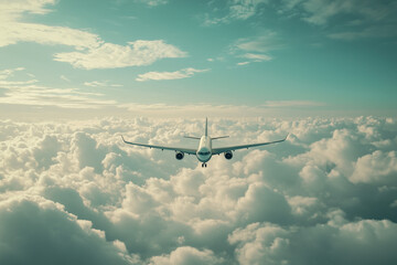 Obraz premium Aerial view of a modern airplane soaring above the clouds in the sky