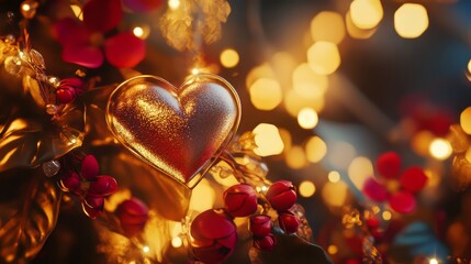 Heart with red blooms and bokeh lights