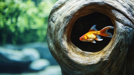Goldfish Swimming Inside a Hollow Log