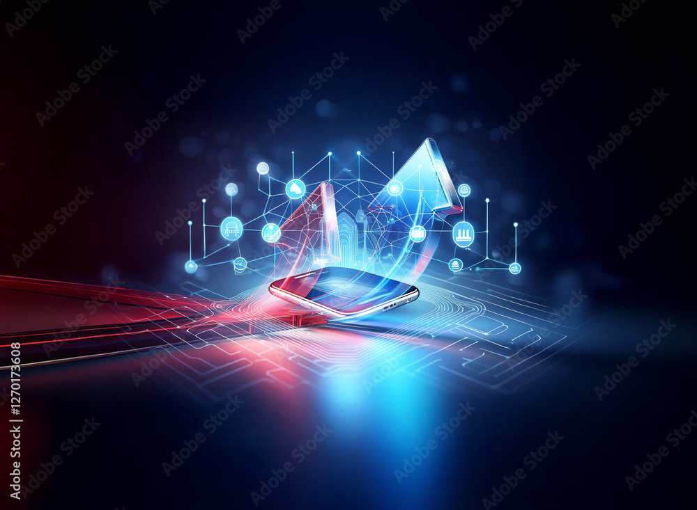 Aufkleber a glowing smartphone emits vibrant blue and red light trails and abstract network connections. futur