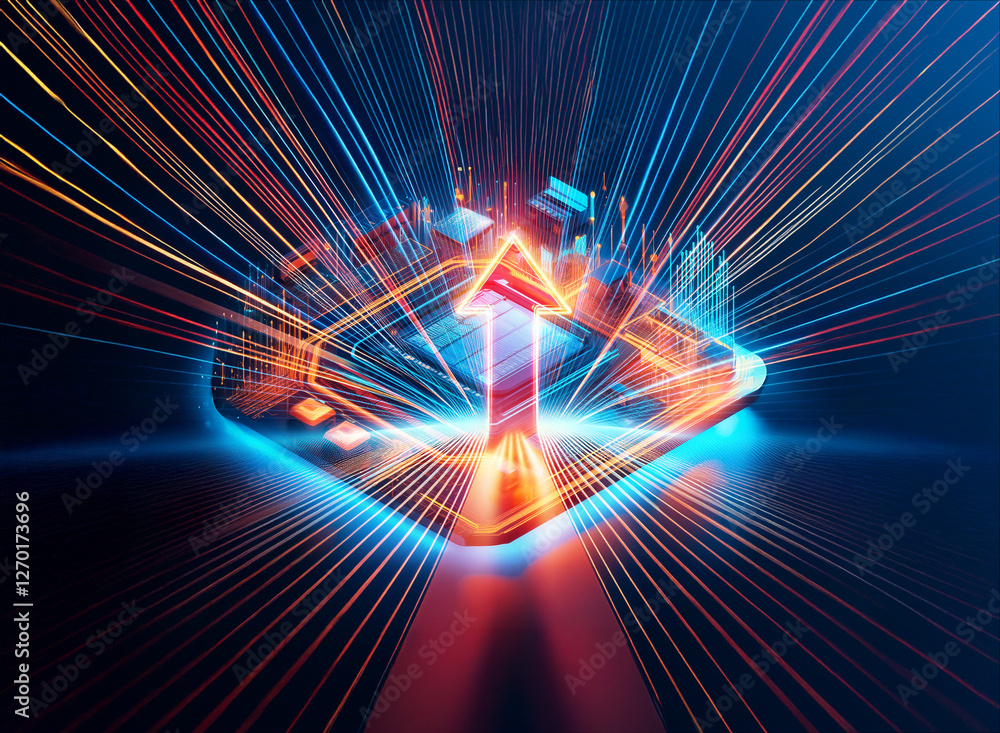Poster abstract digital artwork featuring a vibrant upward arrow emitting light rays from a platform, creat