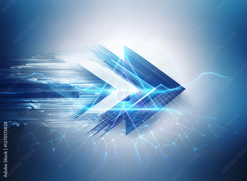 Poster abstract blue arrow with motion trails indicating forward direction, digital network lines and glowi