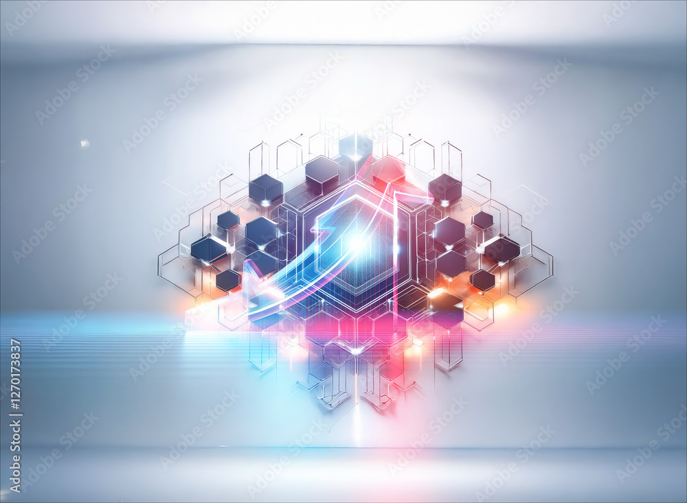 Poster abstract geometric structure featuring glowing hexagons interconnected with lines, illuminated by bl
