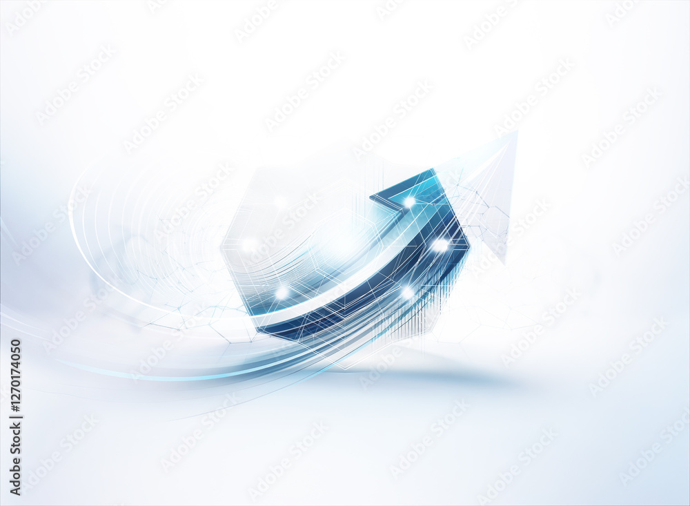 Poster abstract blue arrow soaring upwards in a bright, clean and futuristic style with dynamic motion effe
