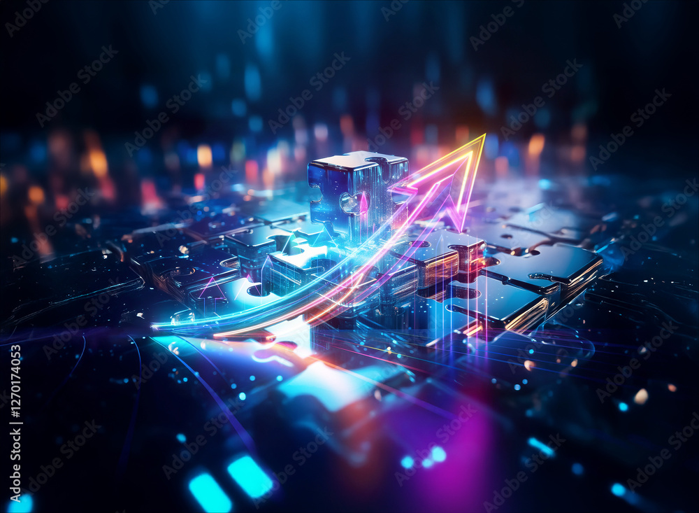 Poster abstract futuristic circuit board with a glowing upward arrow, symbolizing digital progress and tech