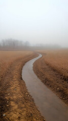 Naklejka premium Dry Streambed Winding Path In Foggy Landscape