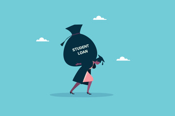 The Cost of Education, A Graduate in Ceremony Attire Struggles Under the Weight of an Expensive Student Loan Money Bag