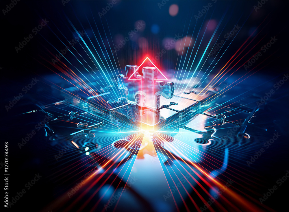 Poster futuristic geometric structure glows intensely with vibrant red and blue beams emanating from its co