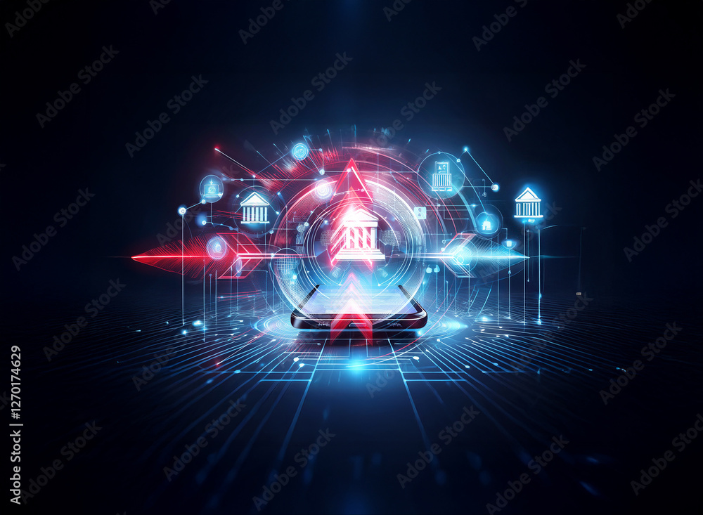 Poster digital banking concept with glowing icons connecting to a central bank symbol above a mobile device