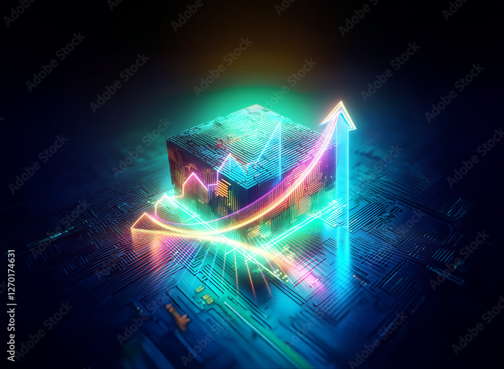 Poster futuristic neon cube with a glowing upward arrow on a vibrant circuit board. abstract technology con