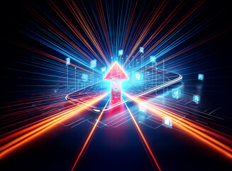 Obraz premium A glowing red arrow points upwards from a smartphone, surrounded by vibrant blue and orange light rays, suggesting speed and modern technology.