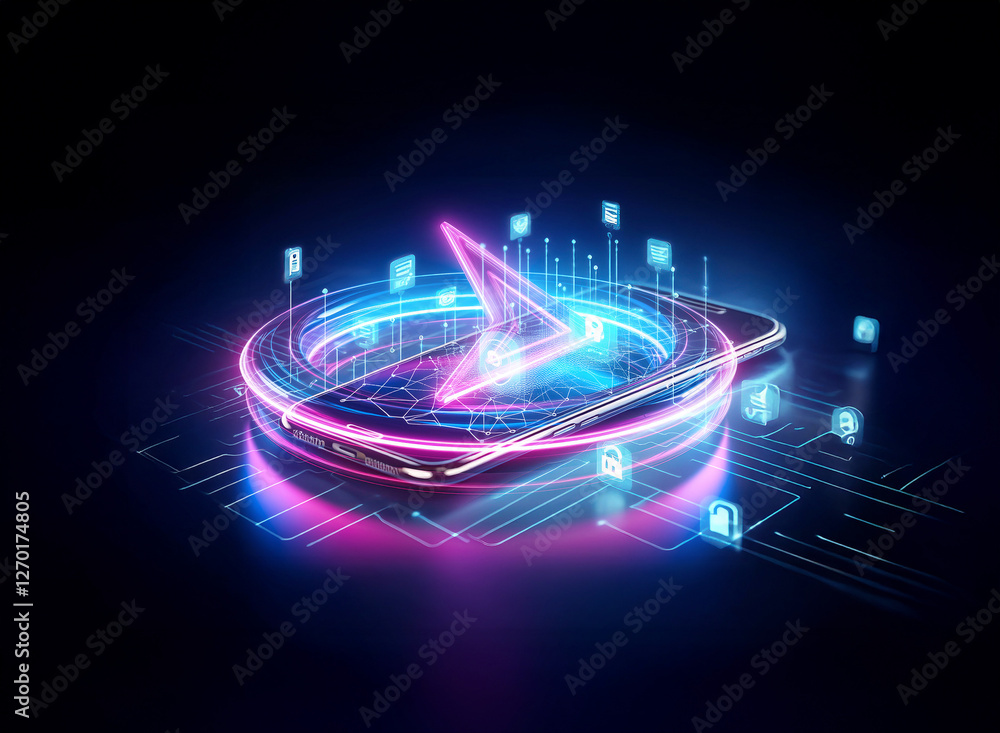 Poster a glowing neon compass with digital circuitry and floating icons on a dark backdrop. it evokes a sen