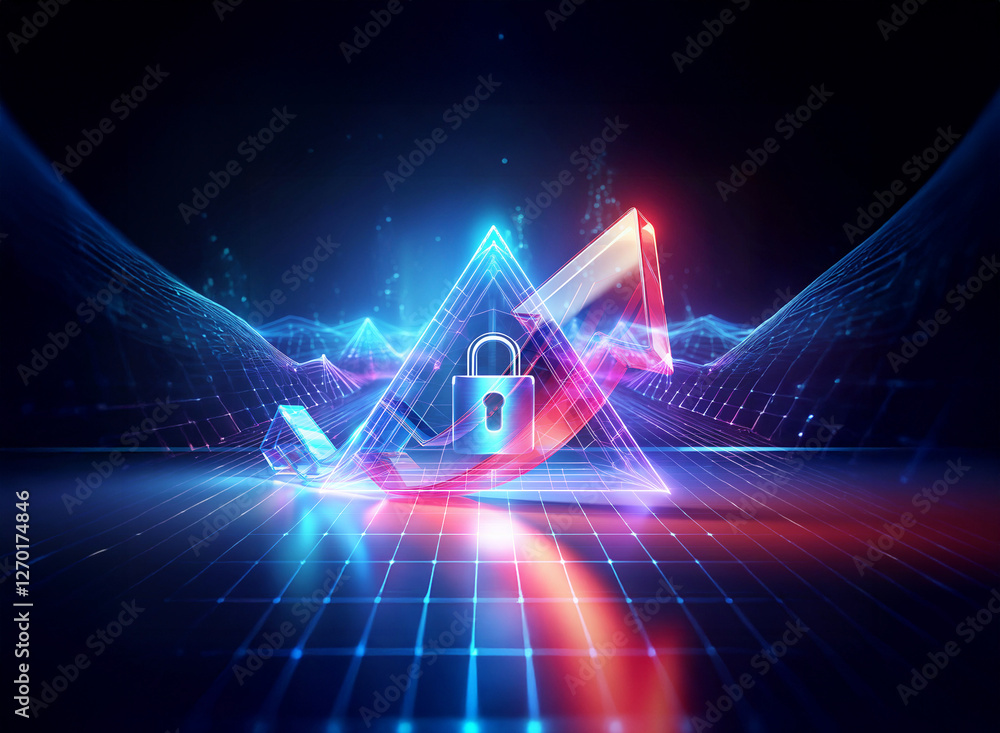 Poster futuristic digital scene with a glowing padlock inside a neon triangle, set on a grid surface with a
