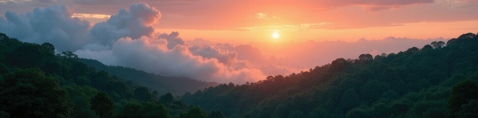 Fototapeta premium Clouds float above a tranquil forest at sunrise, calm, forest, serene