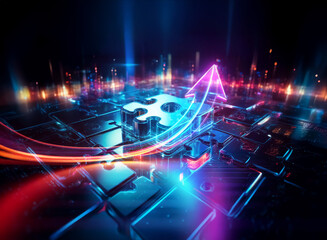 Fototapeta premium Futuristic digital scene with a glowing puzzle piece on a circuit board. A vibrant arrow points upwards, surrounded by neon lights and abstract tech elements, symbolizing progress and connection.