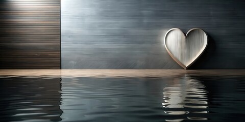 Fototapeta premium Reflective Heart Symbol on Wooden and Grey Wall with Water Reflection