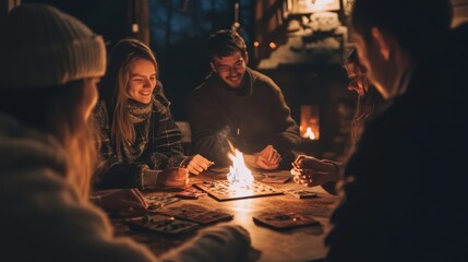 Fototapeta premium Friends playing a board game by firelight in a cabin