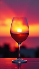 Colorful sunset over a glass of red wine in a wineglass bowl, sunset, bowl, colors