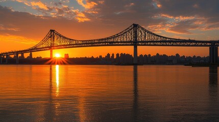 Fototapeta premium Majestic sunset over a city skyline with a bridge silhouetted against vibrant skies