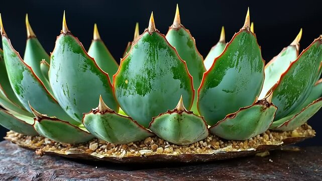 Vibrant agave plant with sharp leaves displayed on textured rock against a dark background