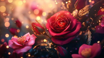 Romantic Red Roses with Bokeh Lights Effect