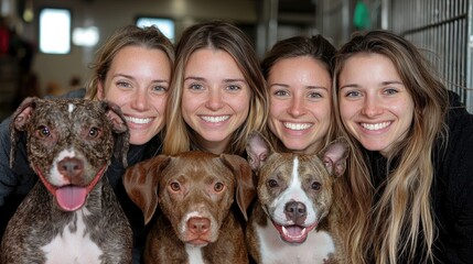 Four women and dogs, happy, shelter, volunteering