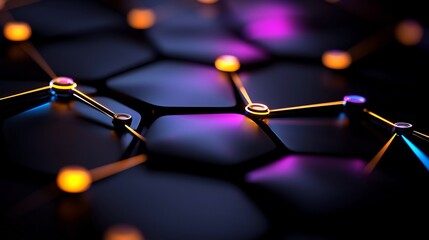 Bright Neon Network Node Connections On Black Hexagonal Grid Background