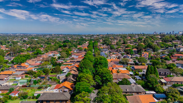 Aerial Drone view of Sydney Urban Sprawl and Suburban housing Suburb of Ashbury and Croydon with roof tops, the streets and the parks NSW Australia