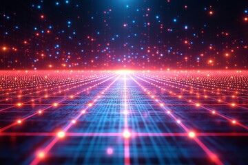 Naklejka premium Glowing Blue Grid Pattern on Black Background with Central Glow, Creating a Perspective Grid Effect