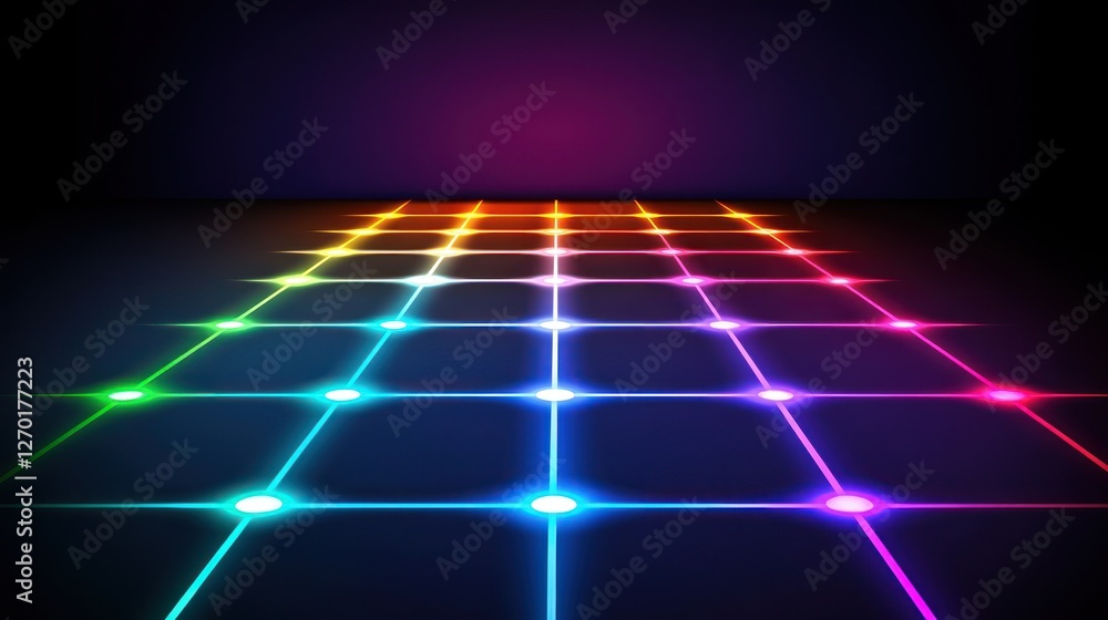 Poster abstract colorful grid background with glowing dots and lines perspective