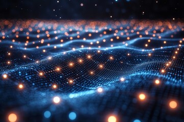 Fototapeta premium Glowing Blue Grid Pattern on Black Background with Central Glow, Creating a Perspective Grid Effect