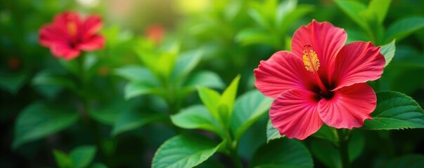Hibiscus flowers in full bloom amidst lush green foliage, foliage, blooming, tropical