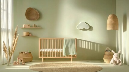 Sunlit nursery with crib, natural decor, and pastel green walls.