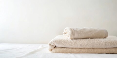 Soft, fluffy bath towels neatly stacked on a clean surface against a minimalist backdrop
