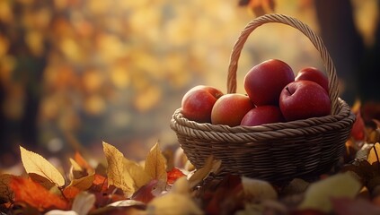Autumn Apples in Basket on Fallen Leaves: A Harvest Scene of Ripe, Red Fruit Outdoors in Golden Sunlight