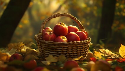 Autumn Harvest: Ripe Red Apples in a Woven Basket Amongst Golden Leaves