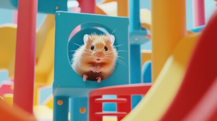 Golden Hamster Playing in Colorful Playground