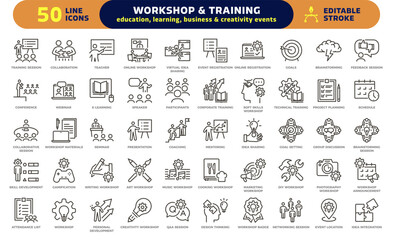 Workshop and training icon set. Thin line editable stroke icons for education, learning, business skills, creativity, coaching, mentoring, teamwork, and professional development